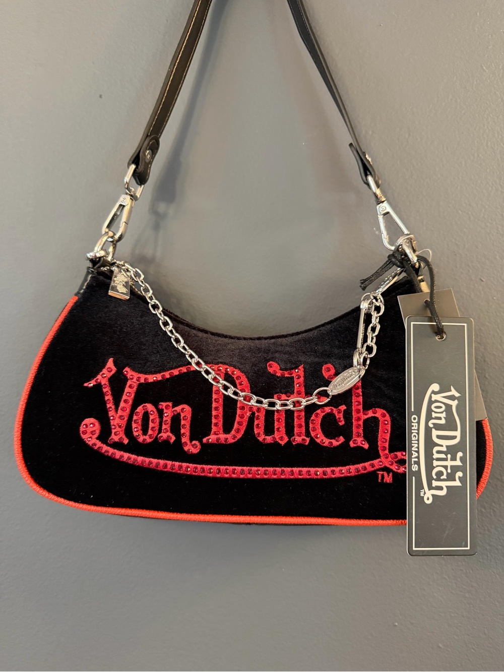 Von Dutch Black Velvet Shoulder Bag with Red Trim and Chain Charm